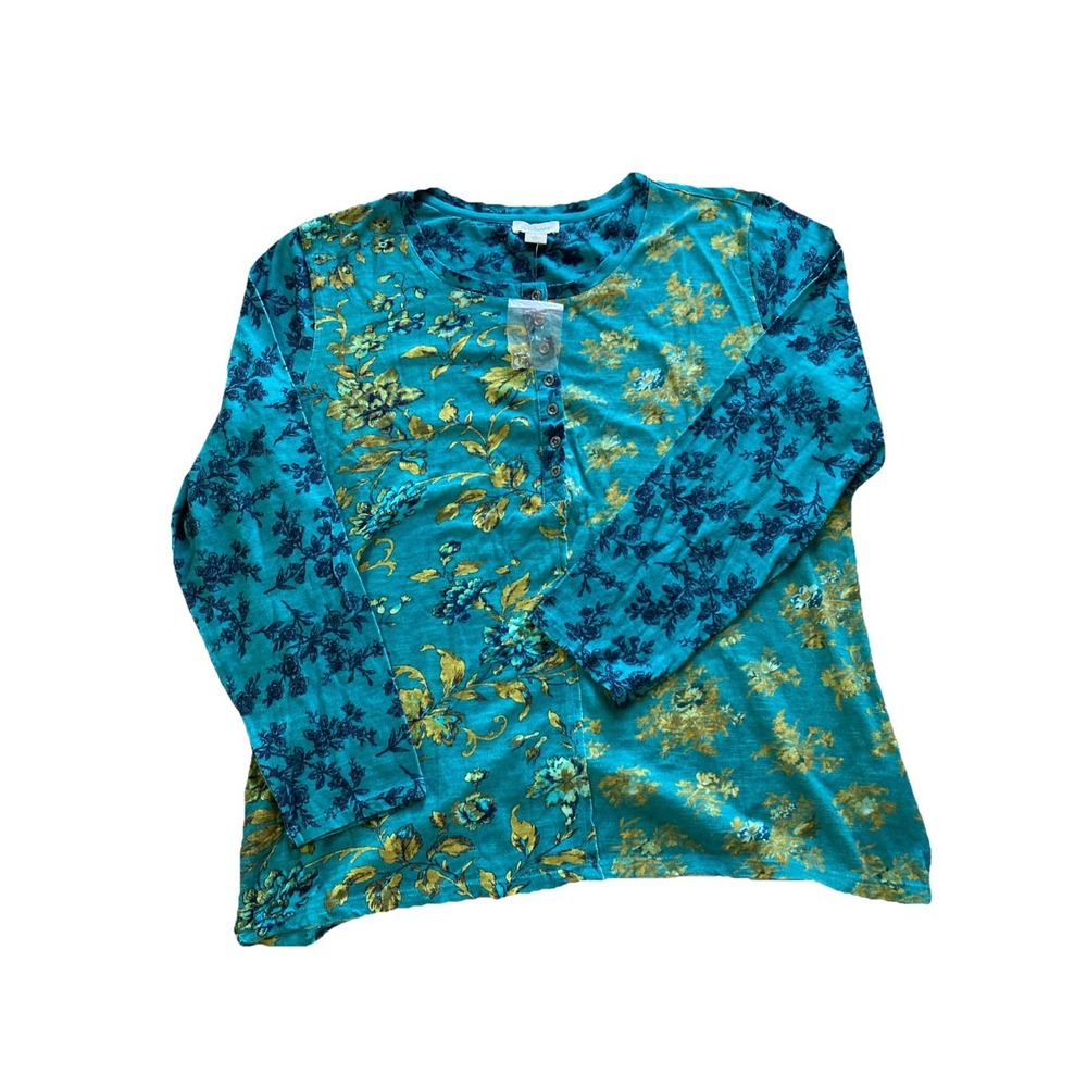 Sundance Floral Long Sleeve Shirt Sz L NWOT Teal Gold Tunic Stretch, Boho Casual - Picture 2 of 8